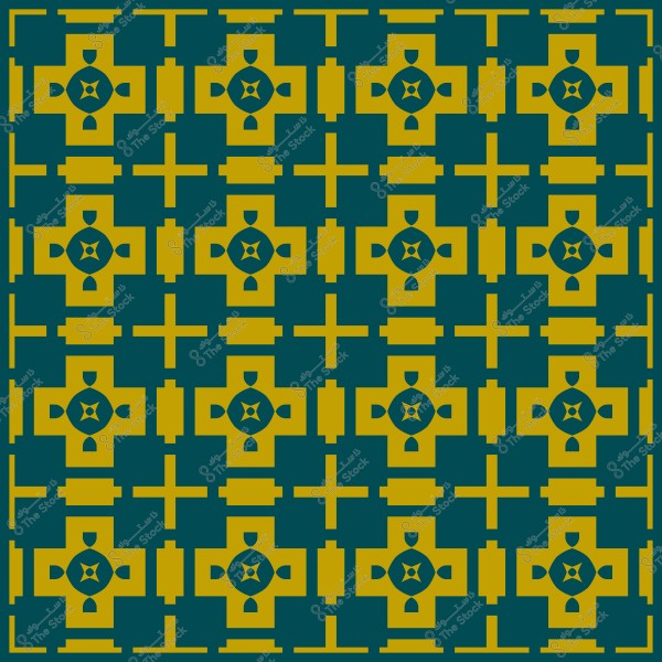 نقش هندسي متكرر باللونين الأصفر والأخضر الداكن بتصميم يشبه الصليب داخل مربعات.