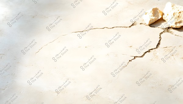 An image of a floor made of white tile with visible cracks spreading across the surface. The cracks are highlighted in a dark color, and two pieces of light-colored stones are seen on the right side of the image.