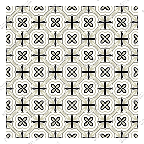 Decorative pattern with repeating design featuring black shapes on a white and olive background.