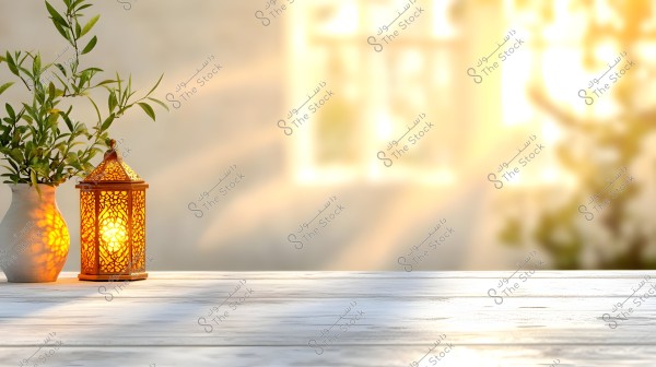 A decorative metal lantern lit next to a small ceramic vase containing green plants, placed on a wooden surface illuminated by natural sunlight filtering through a hazy background window.