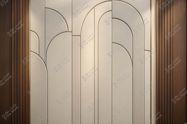 A modern wall design featuring curved and vertical lines in beige and brown colors. The geometric shapes add an elegant and aesthetic touch to the space.