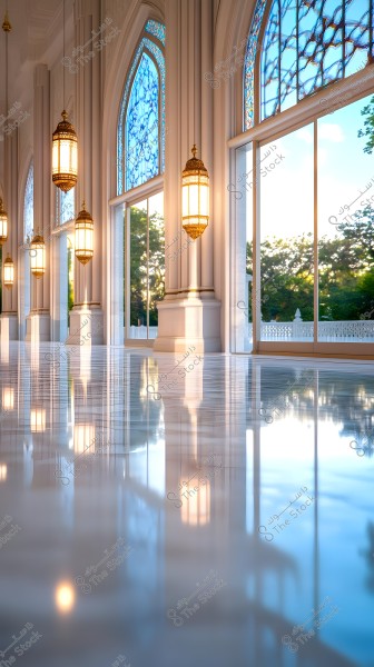 The image shows the interior of a large, bright mosque with tall stained glass windows featuring blue and gold designs. Traditional hanging lamps illuminate the expansive space with a reflective marble floor. Green trees are visible outside through the large glass panes.
