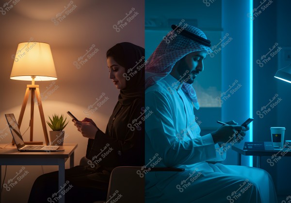 صورة مقسمة إلى جزأين تختلف في الإضاءة والأجواء. في الجزء الأيسر, امرأة ترتدي عباءة وحجاباً باللون الأسود, جالسة بالقرب من طاولة تحتوي على حاسوب محمول ونبات. الإضاءة دافئة مع مصباح بجانب المرأة. في الجزء الأيمن, رجل يرتدي الثوب والشماغ السعودي, يعمل على هاتف محمول في مكتب مضاء بضوء أزرق صناعي. بجانبه كوب من القهوة وبعض الأدوات.