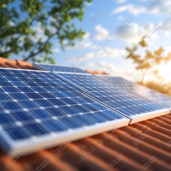 The image shows solar panels installed on a sloping roof with orange tiles. The solar panels are gleaming under the bright sunlight against a blue sky with some scattered white clouds, and there are some trees blurred in the background.