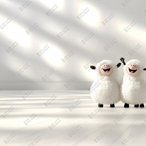 Two cartoon sheep with white fleece and smiling faces against a white background with shadows. The sheep are standing side by side, with one sheep appearing to wave gently.