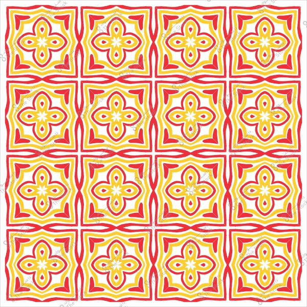 نمط فسيفساء بألوان حمراء وصفراء مع أشكال زهرية مكررة.