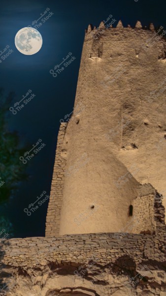 An image of a traditional mud tower at night, featuring old architectural design with rugged peaks. A full moon is visible in the dark sky, adding a tranquil and enchanting atmosphere. Dark-colored trees partially appear on the left side of the image.