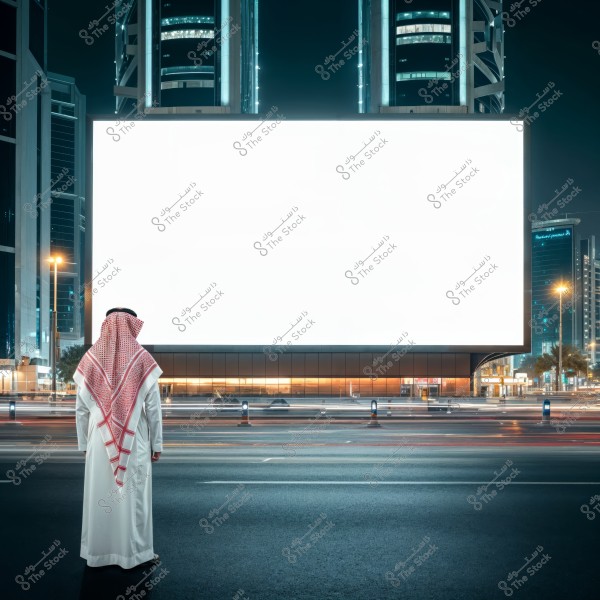 A man wearing traditional Gulf attire stands in front of a large, illuminated billboard in a modern city at night. The attire includes a white thobe, agal, and a red-and-white ghutra. In the background, there are tall, glass-covered buildings with lights and streets illuminated by nighttime traffic.