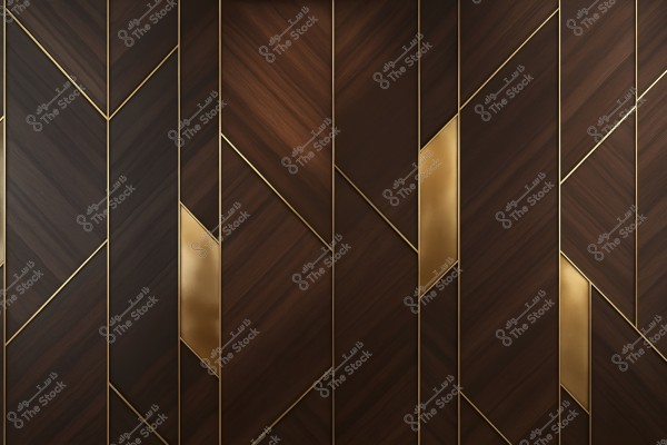 Dark brown wooden wall design with diagonal golden lines intersecting to form geometric patterns. Shiny golden areas are evenly distributed between the wooden panels.