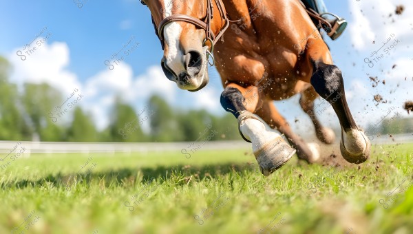 An image showing a brown horse running swiftly on green grass. The focus is on the horse\'s front legs and the lower part of the saddle. A white fence and a blurred background suggest motion. Some dirt is being kicked up into the air due to the speed.