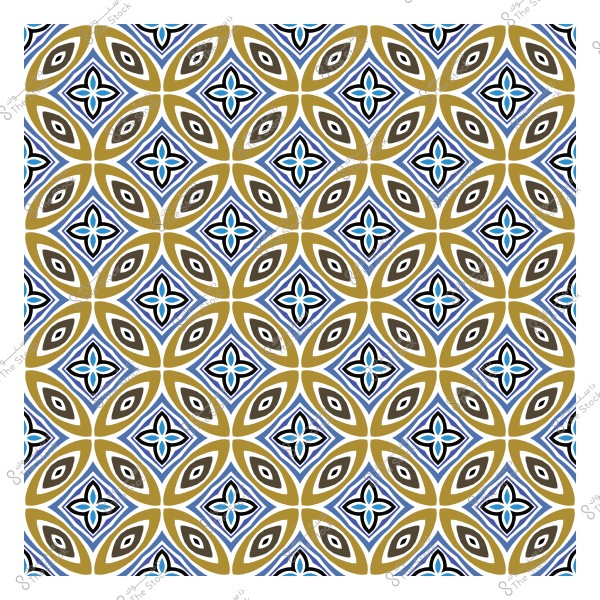 Geometric decorative pattern with blue and gold colors featuring repeating shapes and hexagonal stars.