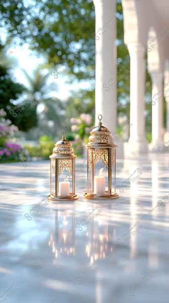 Two ornate golden lanterns with lit candles are placed on a shiny white marble floor under sunlight. In the background, white arches, green trees, and colorful flowers create a peaceful and beautiful atmosphere.
