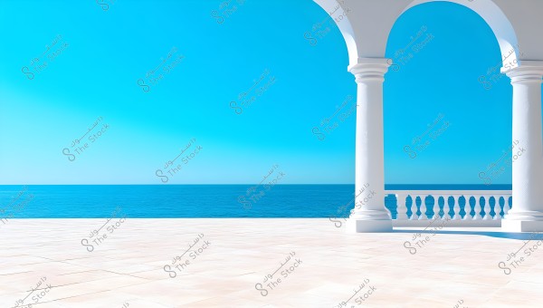 An image depicting a stunning seascape with a clear blue sky extending over a calm ocean. The foreground features a white marble terrace with a classical architectural style, including white columns and open arches revealing the view of the sea in the background.