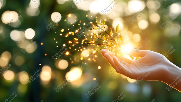An open hand holding a small branch with shiny green leaves, emitting small golden lights, in a scenic environment filled with natural light and a blurred background of green trees.