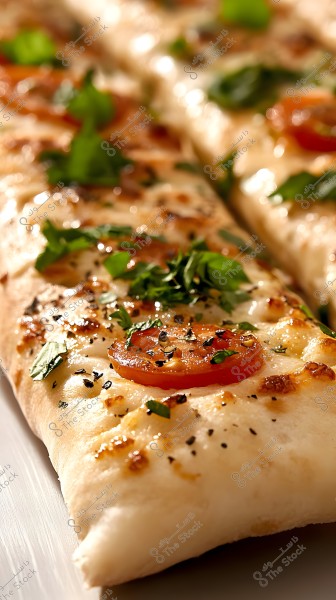 The image shows a slice of fresh pizza topped with tomatoes, melted cheese, and fresh basil leaves. They are beautifully arranged with sprinkles of black spices on the golden, crispy crust.