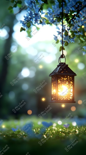 An image of an ornate metal lantern hanging from a tree branch surrounded by green leaves and small white flowers. The lantern emits a warm and glowing light among a background of green bokeh and dim lighting effects.