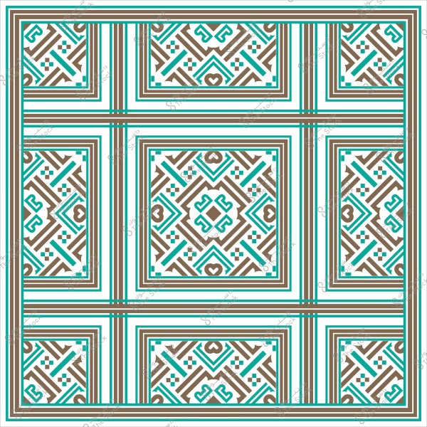 Geometric decorative pattern in brown and blue on a white background