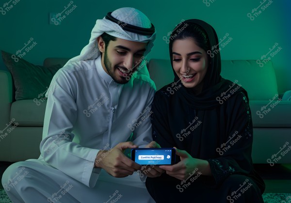 A couple sits on the floor in a dimly lit living room, holding a smartphone, dressed in traditional clothing. The man wears a white thobe and a ghutra, while the woman wears a black abaya and hijab. They appear happy and engaged with what they are watching on the phone. A sofa and table are visible in the background.