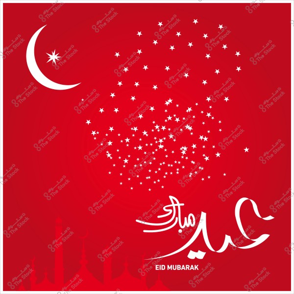 صورة تهنئة بعيد مبارك خلفيتها حمراء مع نجوم وهلال ونص عربي مكتوب عليه "عيد مبارك".