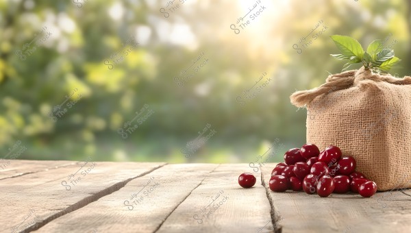 A burlap sack filled with red cherries is placed on a wooden table outdoors. Some cherries spill onto the table from the sack. The background is blurred, showing green plants and natural sunlight.