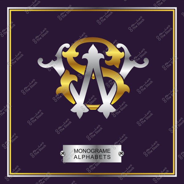 صورة لتصميم حروف متداخلة بتأثيرات ذهبية وفضية على خلفية داكنة تحتوي على إطار زخرفي.