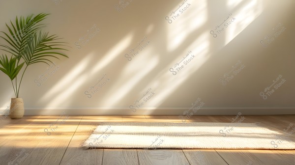 An image of a modern room featuring a large green plant in a woven pot beside a light-colored wall, placed on a wooden floor. There is a light-colored rug on the floor, illuminated by sunlight streaming through the window.