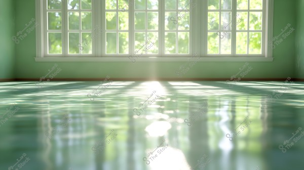 A sunlit room with sunlight streaming through a large window with multiple glass panes. The light reflects off a glossy light green floor, creating a pattern of shadows and highlights.