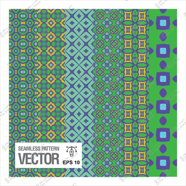 أنماط زخرفية متنوعة بالألوان الخضراء والزرقاء والبنفسجية, تتضمن تصميمات هندسية تقليدية مختلفة.