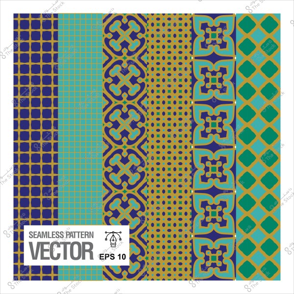 Seamless pattern with geometric shapes and ornaments in blue, green, and gold, vector format.