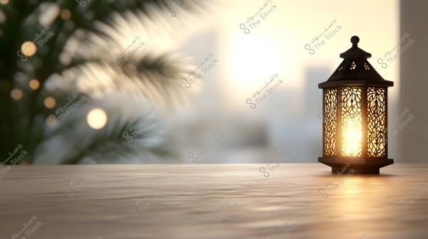 فانوس مزخرف مضاء موضوع على سطح خشبي, مع خلفية ضبابية تحتوي على بعض الفروع الخضراء والأضواء الباهتة الدافئة. الضوء يعكس بشكل جميل من سطح الطاولة, مما يعطي إحساسًا بالهدوء والدفء.