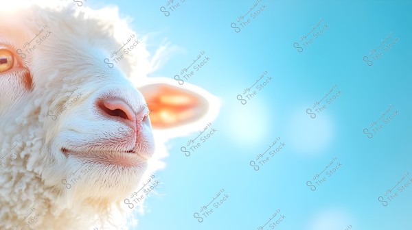 A close-up image of a white sheep\'s face against a blue sky. The image showcases the soft wool and facial features of the sheep illuminated by bright sunlight, highlighting its eye and prominent ear.