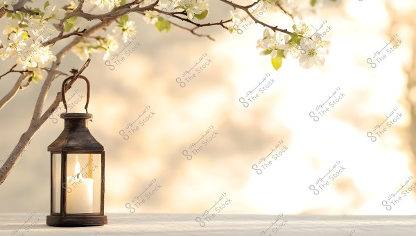 A wooden lantern with a lit candle placed against a blurred background of white blossoms on a tree. The soft light from the candle blends with the delicate white petals to create a peaceful and beautiful scene.