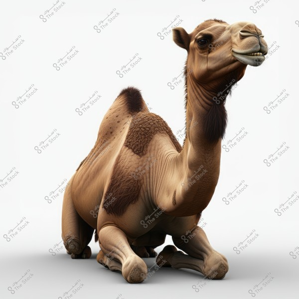 An image of a camel sitting on the ground, with its light brown fur and distinct features on its head and hump. The background is white, highlighting the camel\'s features clearly.