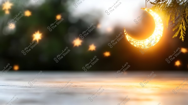 An image showing a glowing crescent moon hanging among green tree branches in the upper right corner. In the blurred background, illuminated stars create a serene and beautiful evening atmosphere.