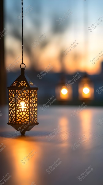 A hanging metal lantern with a decorative design is lit with warm light in the foreground, casting a reflection on a smooth surface. In the background, blurred lights are visible with a sunset creating warm hues in the sky.