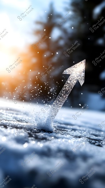 An image of an ice arrow piercing through a snowy surface with ice shards scattering around. In the background, blurred trees are lit by warm sunlight, creating a nice contrast with the white snow.