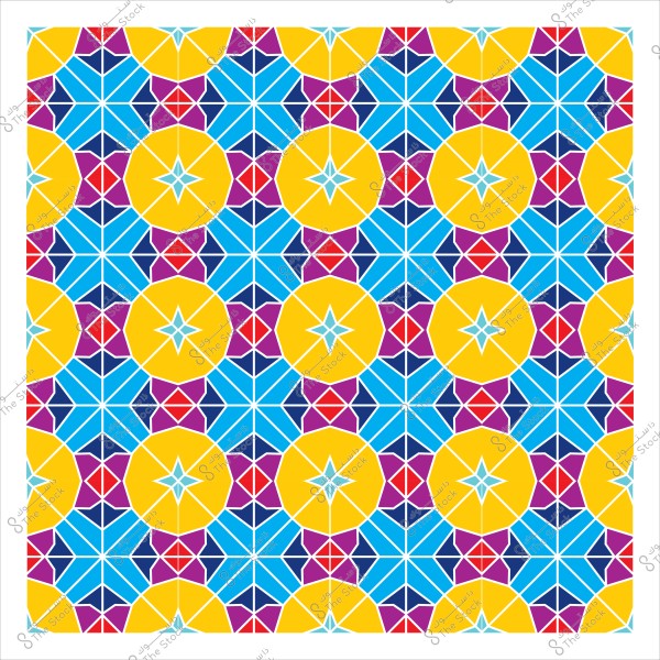 Geometric pattern design with vibrant colors including blue, yellow, and red.