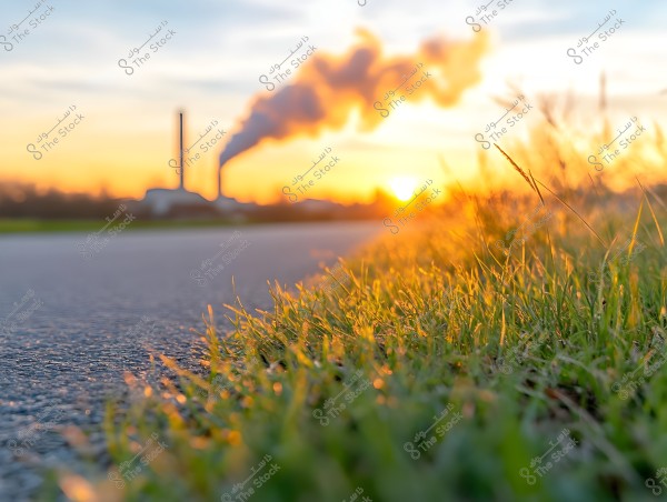 A natural landscape showing the sunset on the horizon with a factory in the background emitting smoke into the sky. The road is visible on the left side of the image and green grass in the foreground is illuminated by the golden sunlight.