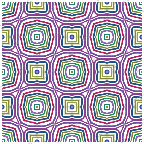 نمط هندسي ملون يتكون من دوائر ومربعات متكررة بخطوط ملونة متعددة بالأخضر والأحمر والأزرق والبنفسجي.