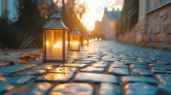 Image of a cobblestone pathway at sunset, with lit lanterns lining its side. The stones reflect the moisture and warm light coming from the candles inside the lanterns. Scattered autumn leaves are visible on the ground, and old buildings appear blurred in the background.