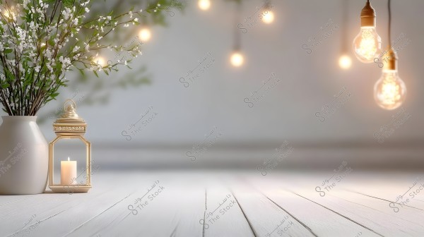 A white vase containing white flowers with green leaves, placed next to a golden lantern with a lit candle inside. In the background, several hanging light bulbs emit a warm glow from the ceiling, creating a cozy ambiance. The floor is smooth and wooden in white color.
