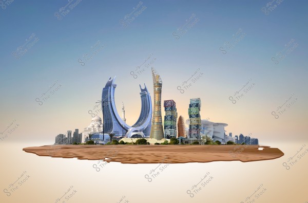 An image of a fictional scene combining several iconic architectural landmarks in Qatar. The image showcases modern towers with futuristic designs and distinctive geometric shapes. It includes blue glass buildings and crescent-shaped transparent towers, along with a complex multicolored structure. In the center, there is a tall tower surrounded by other buildings, with a mosque featuring a white dome on the side. The background features a clear blue sky.
