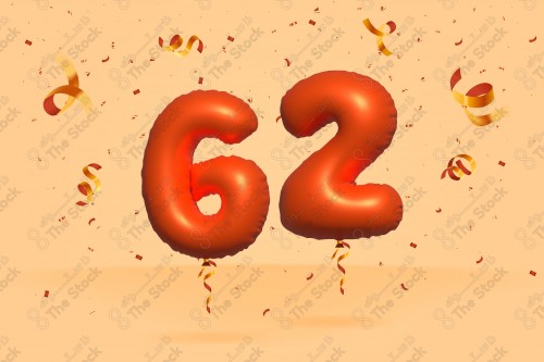 Vector Number 62 Red 3D Helium Balloons, Party Decorations, Anniversary Celebration, Birthday Greetings.