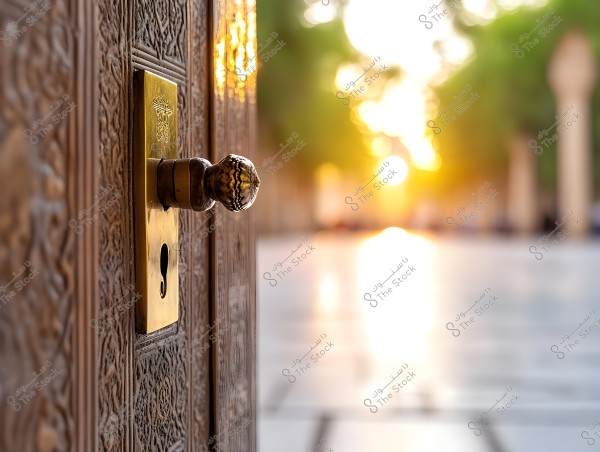 A close-up image of a metal door handle on an intricately carved wooden door. In the background, an outdoor terrace is illuminated by bright sunlight, creating a radiant and soft glow. The carvings on the door give a traditional and architectural feel.