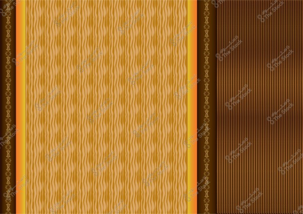 A fabric or paper design with a traditional style featuring wavy lines in brown and gold in the center. The design includes vertical bands on the sides, with a simple floral pattern on a dark brown background.