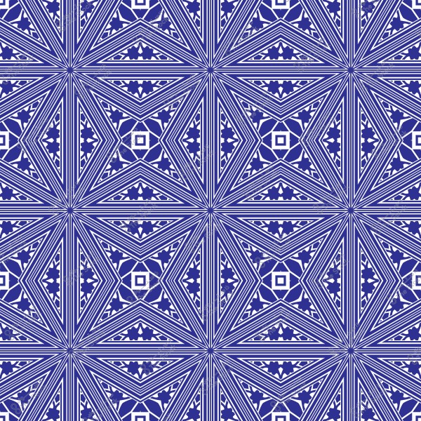 نمط هندسي معقد باللونين الأزرق والأبيض يشمل أشكال سداسية وخطوط متقاطعة متماثلة في جميع الاتجاهات, مما يخلق تأثيرًا متكررًا يشبه الفنون الإسلامية التقليدية.