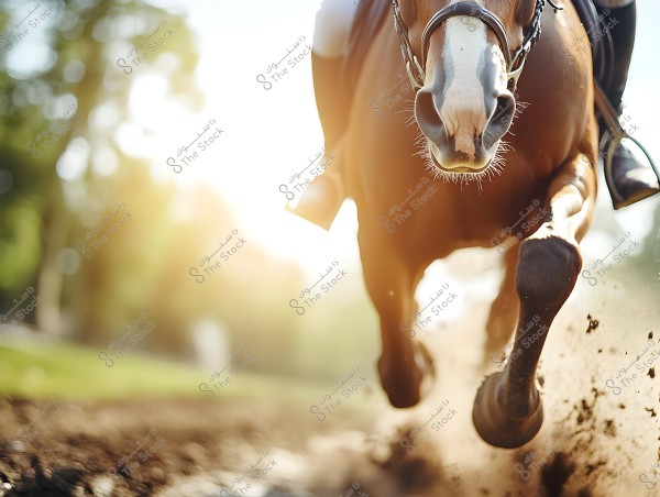 An image of a horse running swiftly on a dirt track, kicking up dust into the air. The sun shines behind, giving the picture a sense of dynamism and energy.