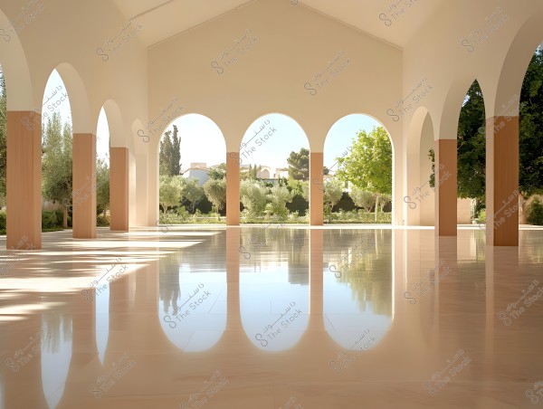 An image of a spacious hall with a high ceiling and arched columns. The glossy floor reflects bright natural light. In the background, there is a lush garden under sunlight, featuring a variety of trees and plants.