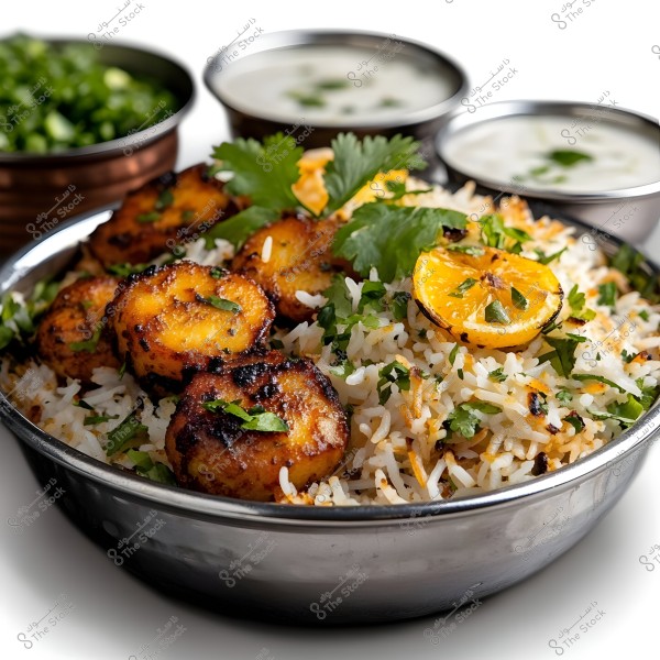 A dish featuring biryani rice garnished with lemon slices, cilantro, and grilled portions. Accompanied by small bowls of curry and fresh green herbs.