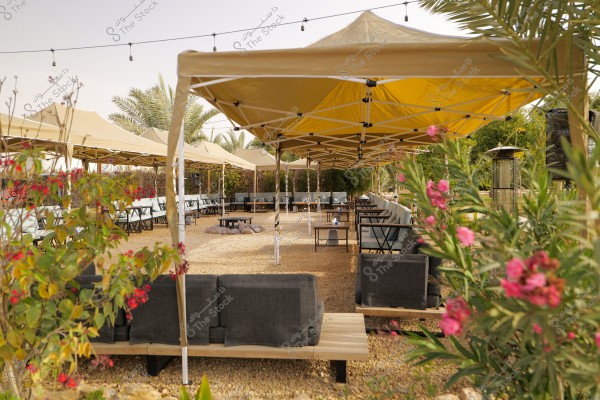 The image depicts an outdoor seating area in sunny weather, featuring gray sofas and tables under beige canopies. The ground is covered with gravel and the area is surrounded by flowering plants and palm trees. String lights are hung above the area.